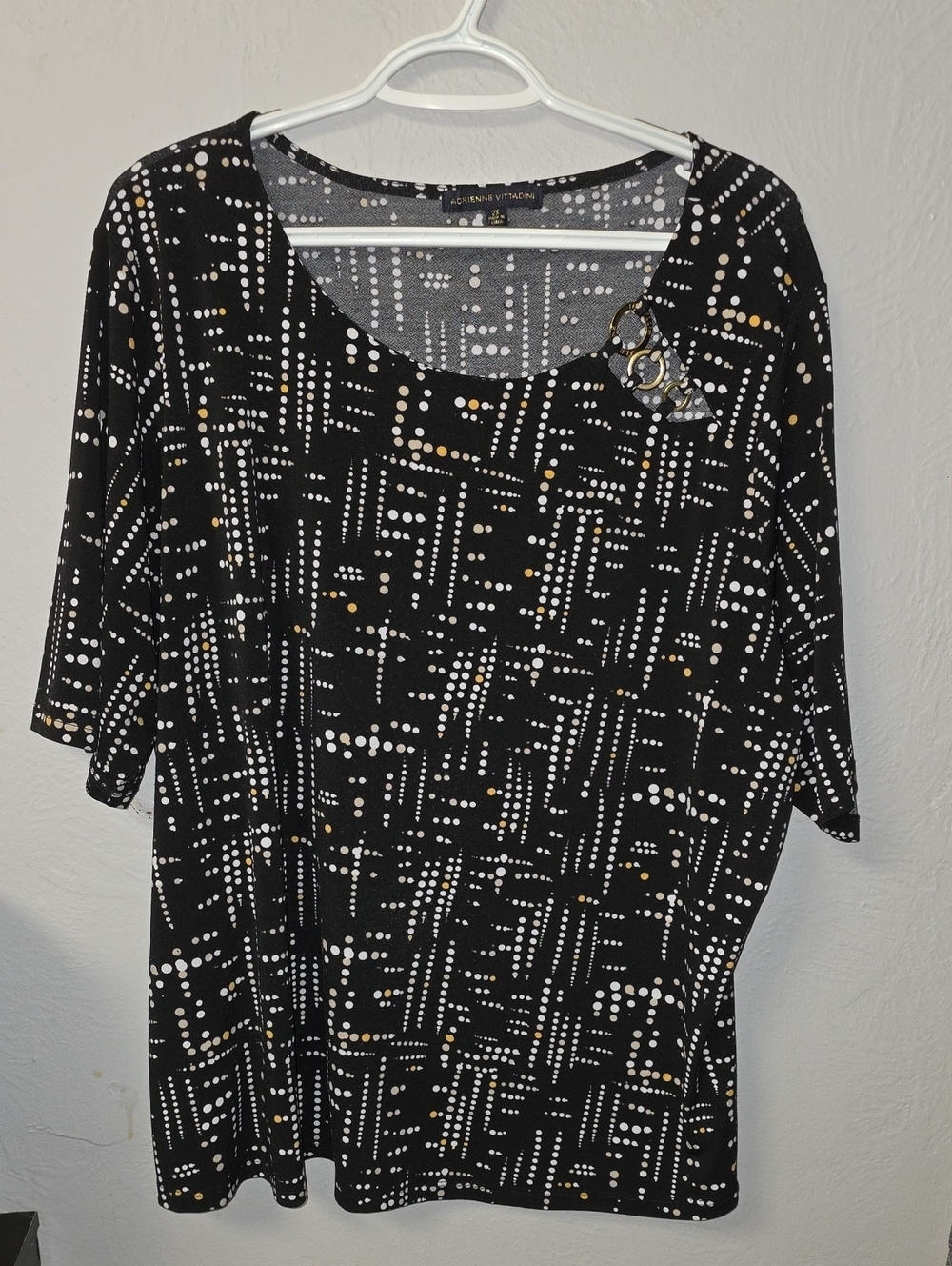 Adrienne Vittadini Black Short-Sleeve Dot & Line Print Top with Ring Detail